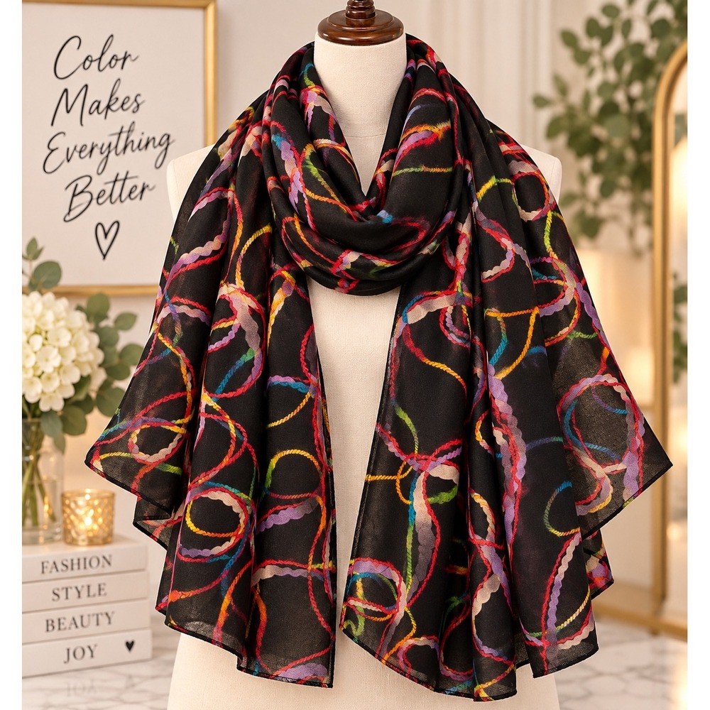 Multicolor Abstract Rope Chain Link Scarf Black Oversized Wrap Shawl NWT